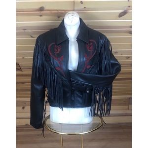 Vintage Echtes Leder Leather Moto Fringe Jacket w/ Red Roses Sz Small